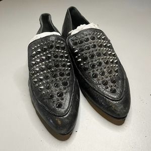 All Saints Studded Loafers Women's EU 40 US 10 Black Leather Slip On Pointed Toe